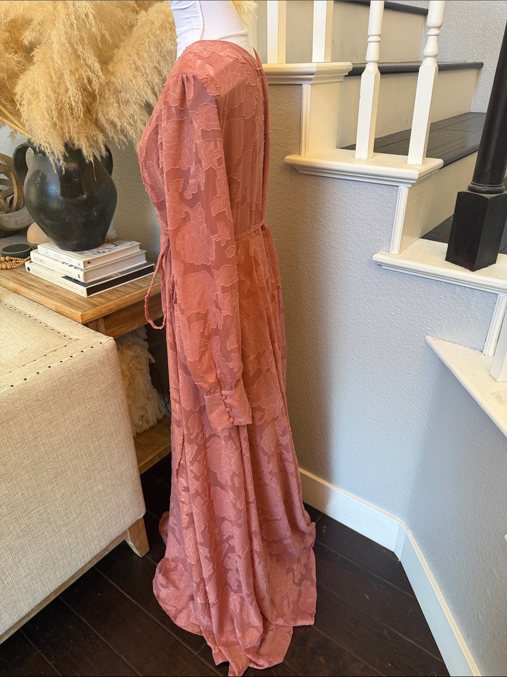 Lulus Kept Your Love Rose Pink Floral Jacquard Long Sleeve Maxi Dress Size XL - Picture 6 of 8